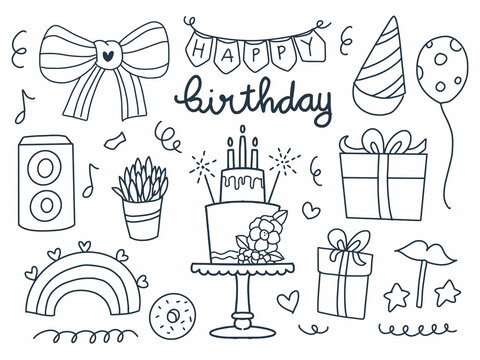 Happy Birthday drawing doodle decoration and lettering clip art vector.