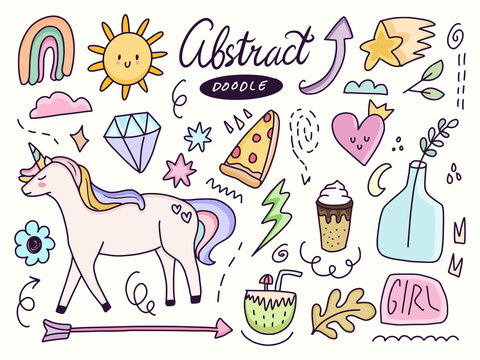 Cute abstract sticker drawing with unicorn and rainbow. Decorative ornament doodle drawing.