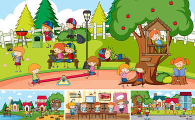 Obraz na płótnie Canvas Outdoor scene set with many kids doodle cartoon character