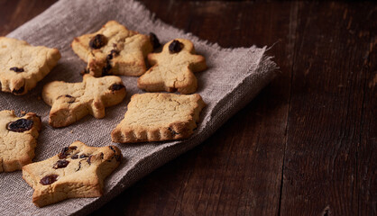 Healthy homemade gluten-free, lactose-free cookies of various shapes without sugar with raisins and chocolate on a dark brown wooden background