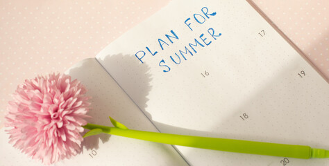 Notebook on a pink background with a pen in the form of a flower and the inscription - plan for...