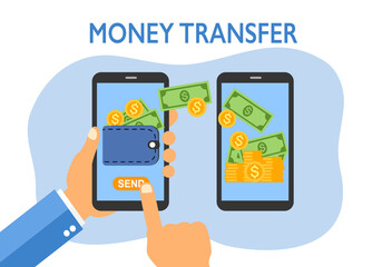 Online money transfer via smartphone app in flat design. Internet mobile banking transaction.