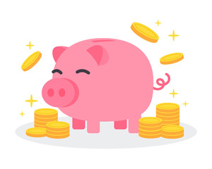 Pink piggy bank with group pile of coins. The creative concept idea of saving money, financial and investment. Simple trendy cute cartoon object vector illustration. Modern flat style graphic icon.