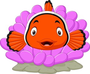 Cute clown fish cartoon with coral