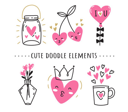 Set of cute doodle love elements. Simple images for decorating.