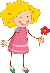 A doodle kid holding flower cartoon character isolated