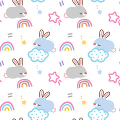 Seamless Pattern with Cartoon Rabbit, Cloud, Star and Rainbow Design on White Background