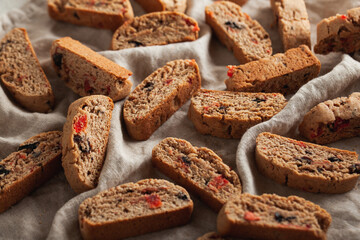 Italian cantuccini cookies with strawberries and raisins. Biscotti cookies.