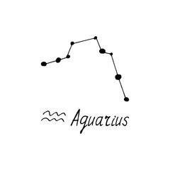 constellation aquarius icon and lettering. hand drawn doodle style. vector, minimalism, monochrome, sketch. zodiac sign, horoscope.
