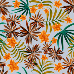 Fototapeta na wymiar Colourful Seamless Pattern with tropic flowers and leaves. Modern exotic design for paper, cover, fabric, interior decor and other users....