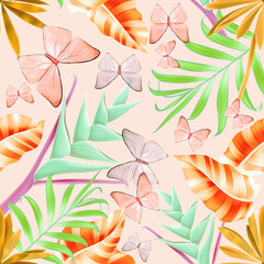 Fototapeta na wymiar Seamless pattern with butterflies and Tropical flowers and leaves. Stylish trendy fashion floral pattern