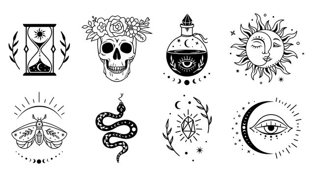 Boho design elements set. Witchcraft mystical silhouettes. Magic monochrome illustration. Occult and esoteric vector symbol. Alchemy prints collection.