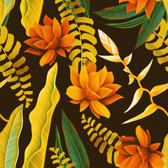 Colourful Seamless Pattern with tropic flowers and leaves. Hi quality fashion design. Fresh and unique botanical background - 430071749