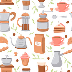 Coffee pattern with various coffee makers and desserts on a white background. Vector illustration for coffee shops, cafes. cute cartoon pictures.