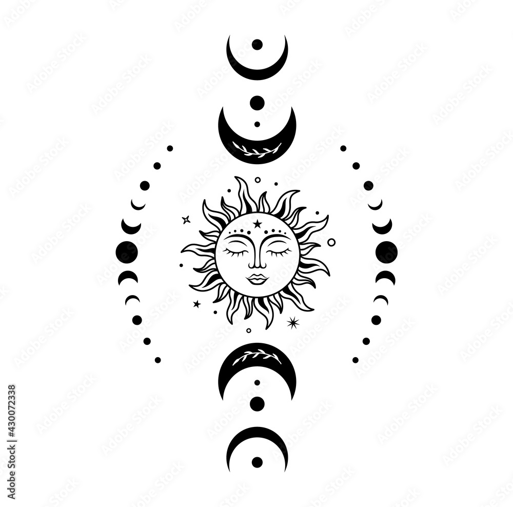 Wall mural sun moon vector silhouette design. boho sun with face surrounded by crescent moon and moon phases. v