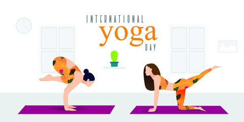 Women practicing yoga at home on international yoga day 