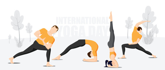 Group practicing yoga on international yoga day, outdoor yoga, yoga day vector illustration