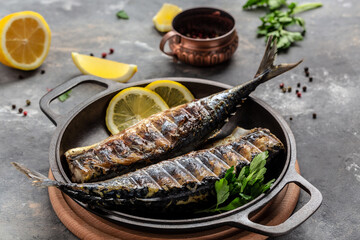 Grilled mackerel fillets with lemon herbs and spices, banner, menu recipe place for text, top view