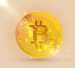 Bitcoin gold coin. Bitcoin cryptocurrency symbol isolated on bright background with bright rays of light.Realistic vector illustration.	