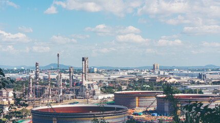 Oil refinery gas petrol plant industry with crude tank, gasoline supply and chemical factory. Petroleum barrel fuel heavy industry oil refinery manufacturing factory plant. Refinery industry concept
