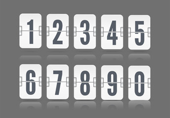 Vector numeric flip scoreboard set with reflection floating on different height for white countdown timer or web page watch or calendar isolated on dark background