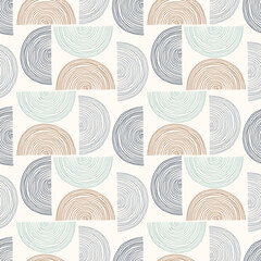 Hand-Drawn Abstract Geometrics Ocean Waves Vector Seamless Pattern. Summer Beach Seaside Print. Ocean Fashion Textile Blue, White and Brown Background. Seashore Elements Texture for Fabrics, Wallpaper - 430073390