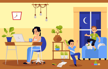 Working mother and noisy children disturbing her, flat vector illustration.