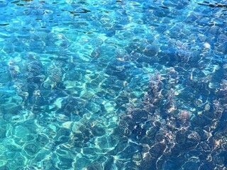 Sea blue azure ocean summer water shiny background, freshness undersea wonderful underwater world, crystal clear aqua, aquamarine watercolor, Zen tranquility relax meditation. Coral reef.