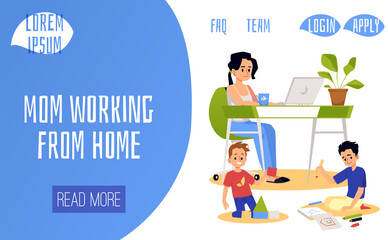 Tired young mother working at home at desk with computer near playing kids.