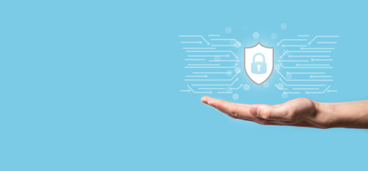 Cyber security network. Padlock icon and internet technology networking. Businessman protecting data personal information on tablet and virtual interface. Data protection privacy concept. GDPR. EU