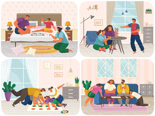 Set of illustrations about family with board games at home. Parents and children spend time in sitting-rooms together. People rest during playing game in apartment. Home activities and entertainment