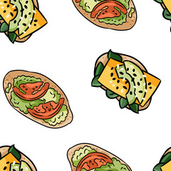 Breakfast toasts doodles seamless border pattern. Cute cartoon tasty tapas with avocado, tomatoes and pesto repeatable background tile. Cozy template of illustration for wrapping design, wallpaper