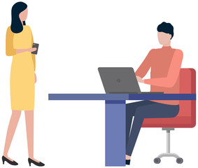 Obraz premium Business people communicate at work. Workflow discussion of issues. Woman talking to man, business consultation. Girl with coffee cup in hands talking to colleague with laptop. Meeting in office