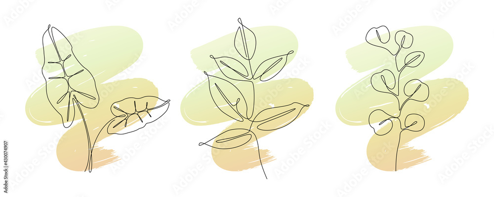 Poster set of tropical plant leaves in one lineart style. vector minimal posters in continuous line drawing