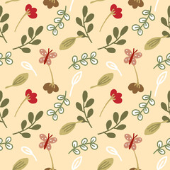 Seamless Pattern with Hand Drawn Leaf and Butterfly Design on Light Yellow Background