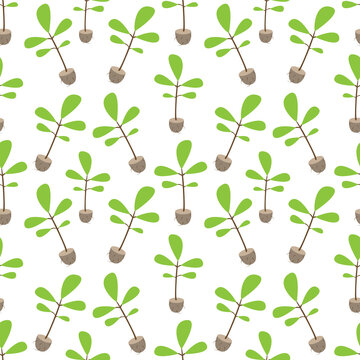 Tree Sapling With Roots And Ground Seamless Pattern. Sprout Of A Young Green Tree. Vector Cartoon Illustration