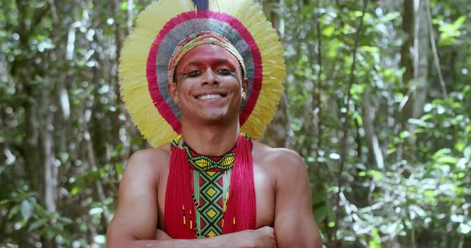 Indian from the Patax&oacute; tribe, with feather headdress. Brazilian Indian. 4K.