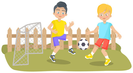 Guys play football together on street. Male characters are fighting for ball during game. Footballers are engaged in sports, outdoor activities. Friends playing soccer and passing ball to each other