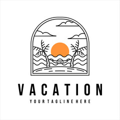 vacation or beach logo line art vector illustration template design. tropical island with hammock on the beach palm tree for vacation logo line art with badge vector illustration concept design