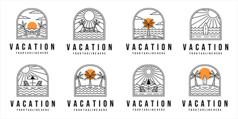 set of vacation on the beach logo line art vector illustration template design. bundle collection with various tropical island badge concept illustration design