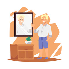 Man cartoon character looking at mirror, flat vector illustration isolated.