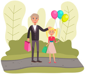 Father and daughter spend free time in park. Family is resting on sunny day together. Family weekend outdoor activity. Happy parents with child. Pretty girl with balloons vector illustration