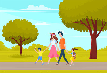 Happy family walk in park or city garden. Mom, dad and two children spend time outdoors on background of tall trees. Fun days, parents hold children by hands walking along green alley. Family holiday