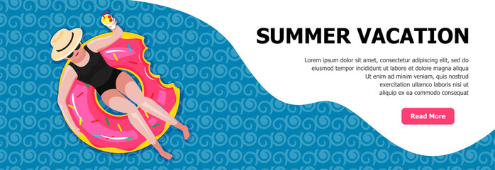 Illustration vector flat cartoon of woman model floating water and drinking cocktail at pool party.