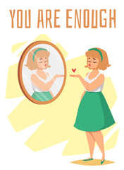 Positive slogan in banner with woman looking at mirror, flat vector illustration.