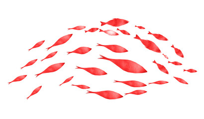 Silhouettes of groups of  fishes on white. Watercolor