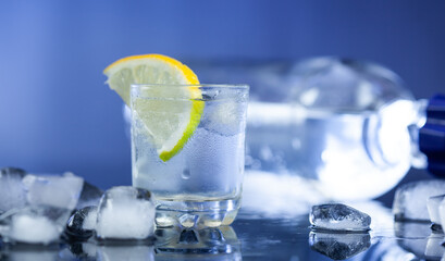 bottle of vodka and glass with lemon