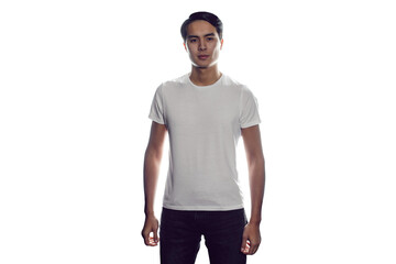 Attractive asian man in white t-shirt isolated on white background.