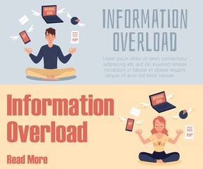Set of banners on the topic of information overload, flat vector illustration.