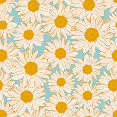 Vector seamless pattern of yellow and white chamomile flowers on light turquoise background. Decorative print for wallpaper, wrapping, textile, fashion fabric or other printable covers.